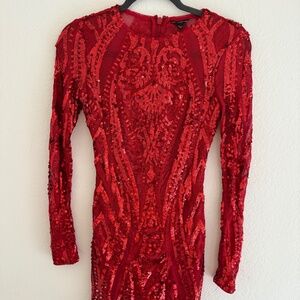 GUESS Red Sequin Bodycon Mini Dress – XS | Long Sleeve Party Dress